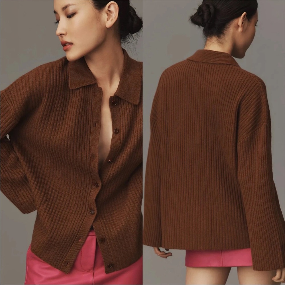 Nine West Ribbed Knit Collared Polo Cardigan Brown Size XL